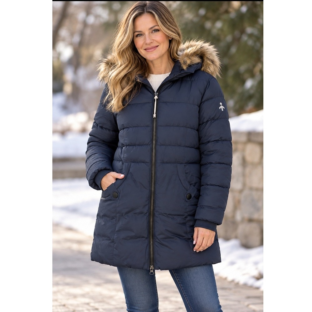 Orolay Women Puffer Jacket S Navy Blue Faux Fur Trim Hooded Quilted Parka